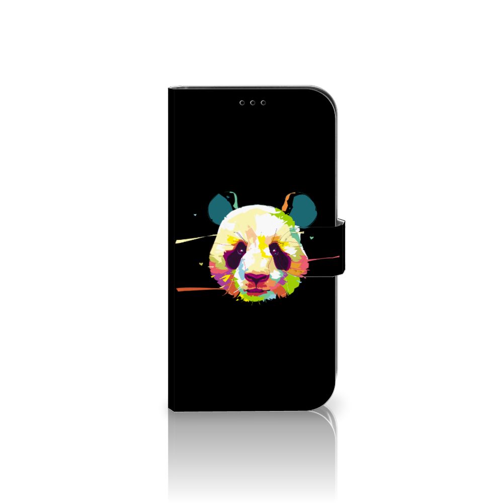 iPhone 13 Pro Max Leuk Hoesje Panda Color met kleurrijke panda ontwerp op zwarte achtergrond.