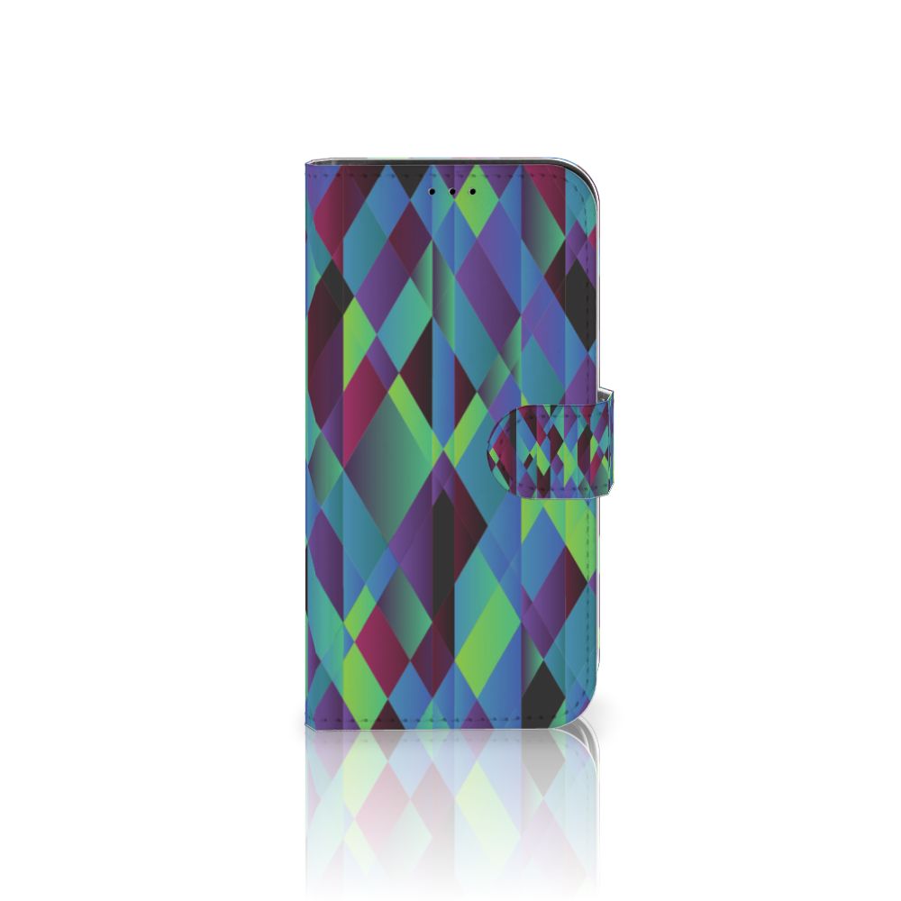 iPhone 13 Pro Book Case Abstract Green Blue met een felgekleurde, kunstzinnige geometrische print in groen en blauw.