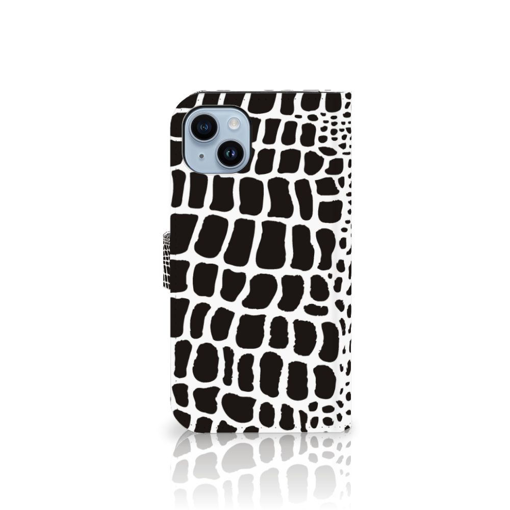 iPhone 15 Plus Telefoonhoesje met Pasjes Slangenprint in zwart-witte kleurstelling voor exclusieve uitstraling.