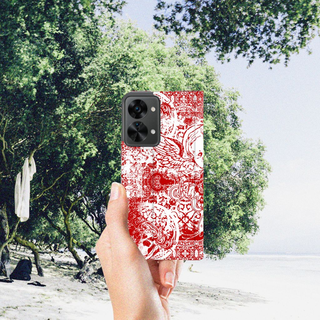 Mobiel BookCase OnePlus Nord 2T Angel Skull Rood - B2C Telecom
