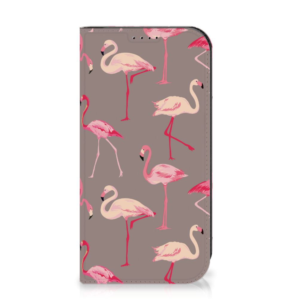iPhone 15 Pro Hoesje maken Flamingo met stijlvolle roze flamingo's op een grijze achtergrond 🌴