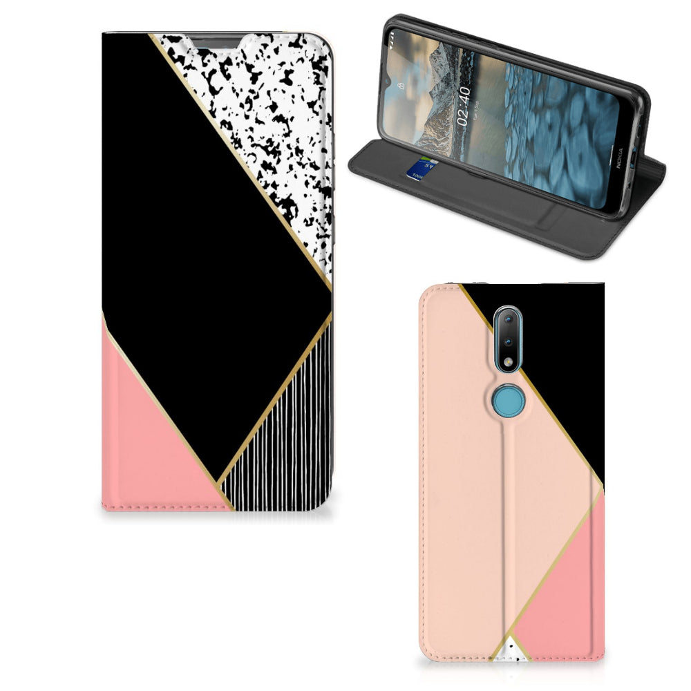 Nokia 2.4 Stand Case Zwart Roze Vormen