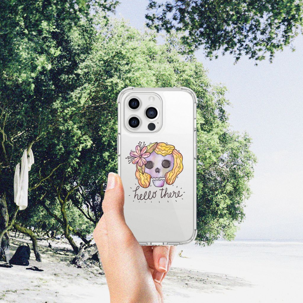 Extreme Case iPhone 13 Pro Max Boho Skull design met kleurrijke doodle en bloemen 🌸 op een strandachtergrond.