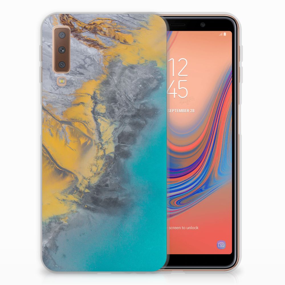 Samsung Galaxy A7 (2018) TPU Siliconen Hoesje Marble Blue Gold