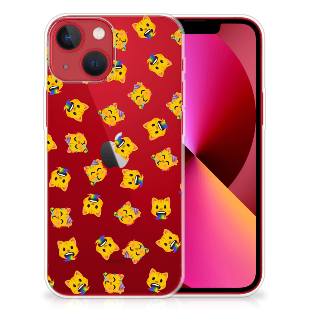 TPU bumper voor Apple iPhone 13 Katten Emojis met vrolijke kattenstickers op een rode achtergrond.