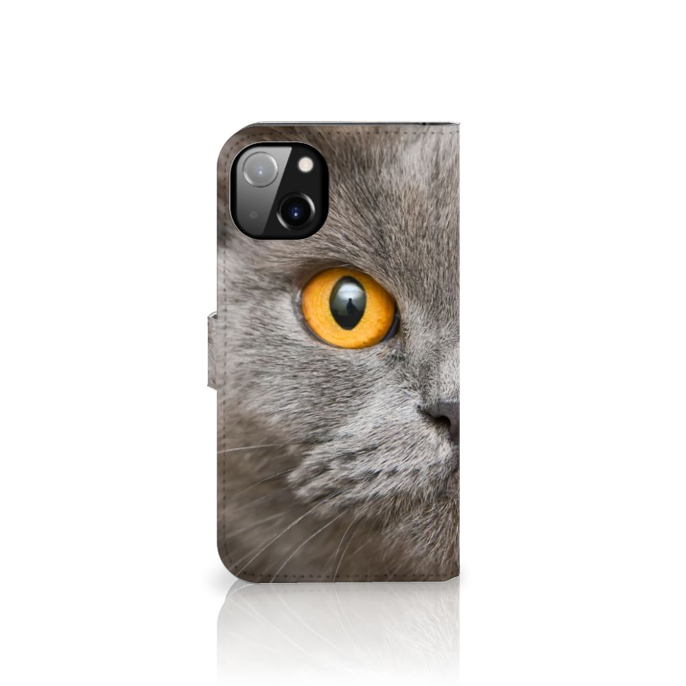 Telefoonhoesje met Pasjes iPhone 14 Plus Britse Korthaar met een indrukwekkend kattenoog design.