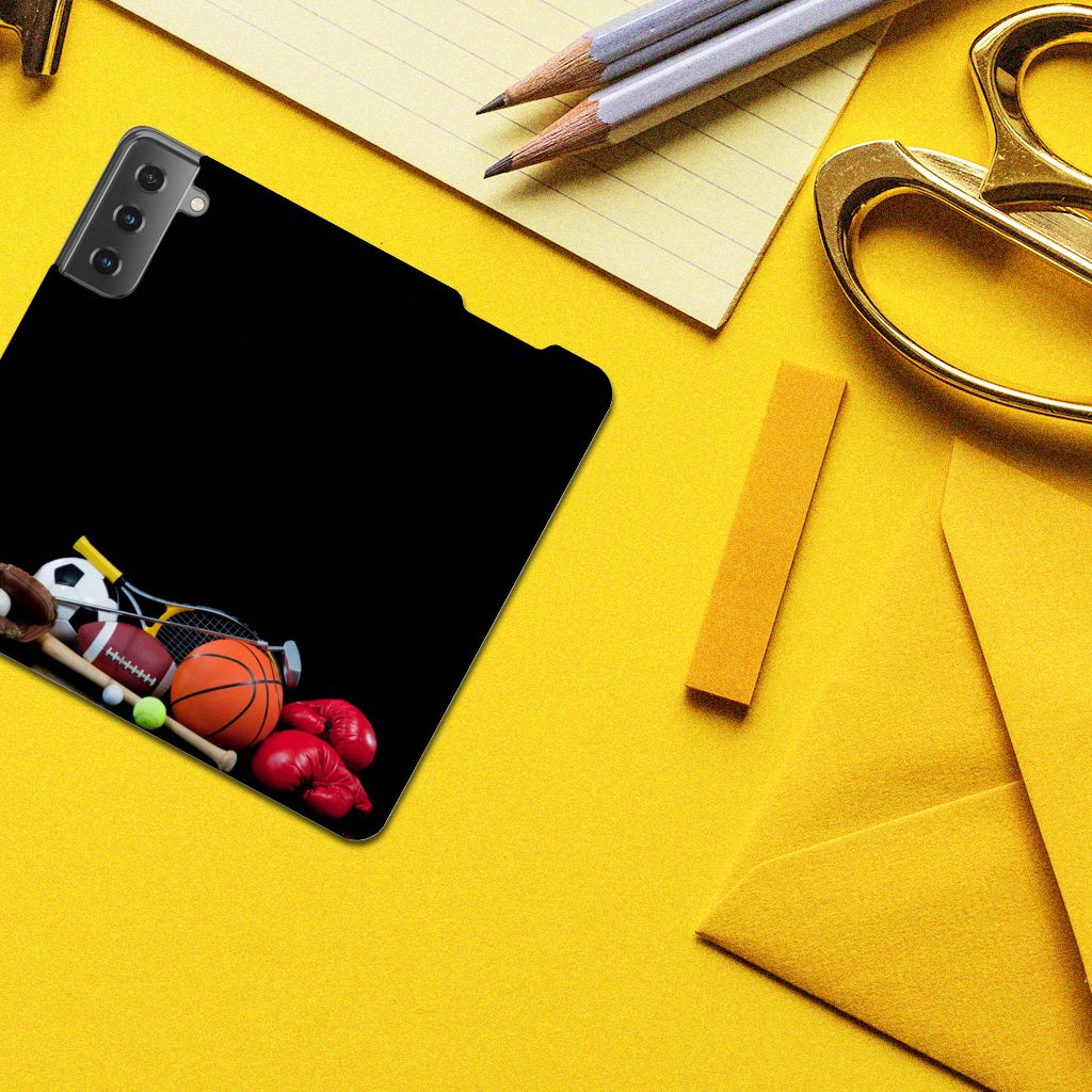 Samsung Galaxy S21 Hippe Standcase Sports featuring various sports equipment on a vibrant yellow background.