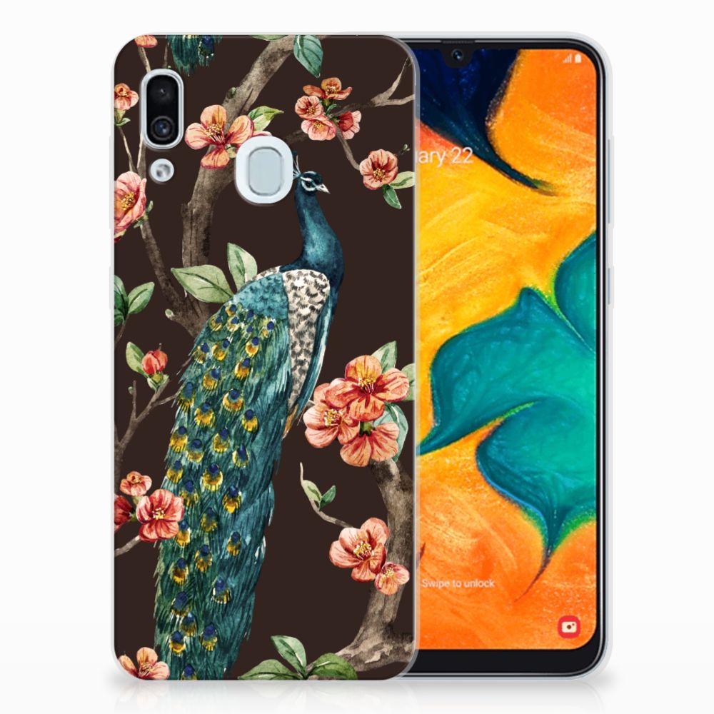 Samsung Galaxy A30 TPU Hoesje Pauw met Bloemen