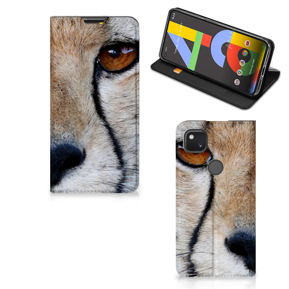 Google Pixel 4a Hoesje maken Cheetah met close-up van een cheetah gezicht en telefoon in stand case.