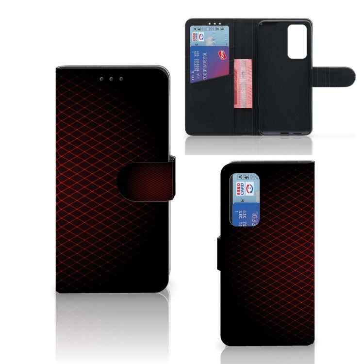 Huawei P40 Telefoon Hoesje Geruit Rood met ruimte voor 3 pasjes en minimalistisch design.