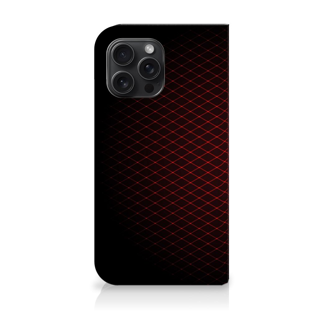 iPhone 15 Pro Max Hoesje met Magneet Geruit Rood op zwarte achtergrond met een elegant patroon.