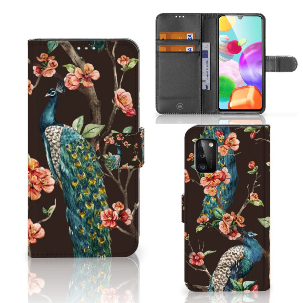 Samsung Galaxy A41 Telefoonhoesje met Pasjes Pauw met Bloemen