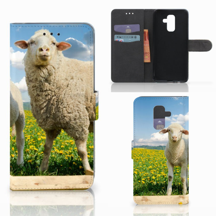 Samsung Galaxy A6 Plus 2018 Telefoonhoesje met Pasjes Schaap en Lammetje