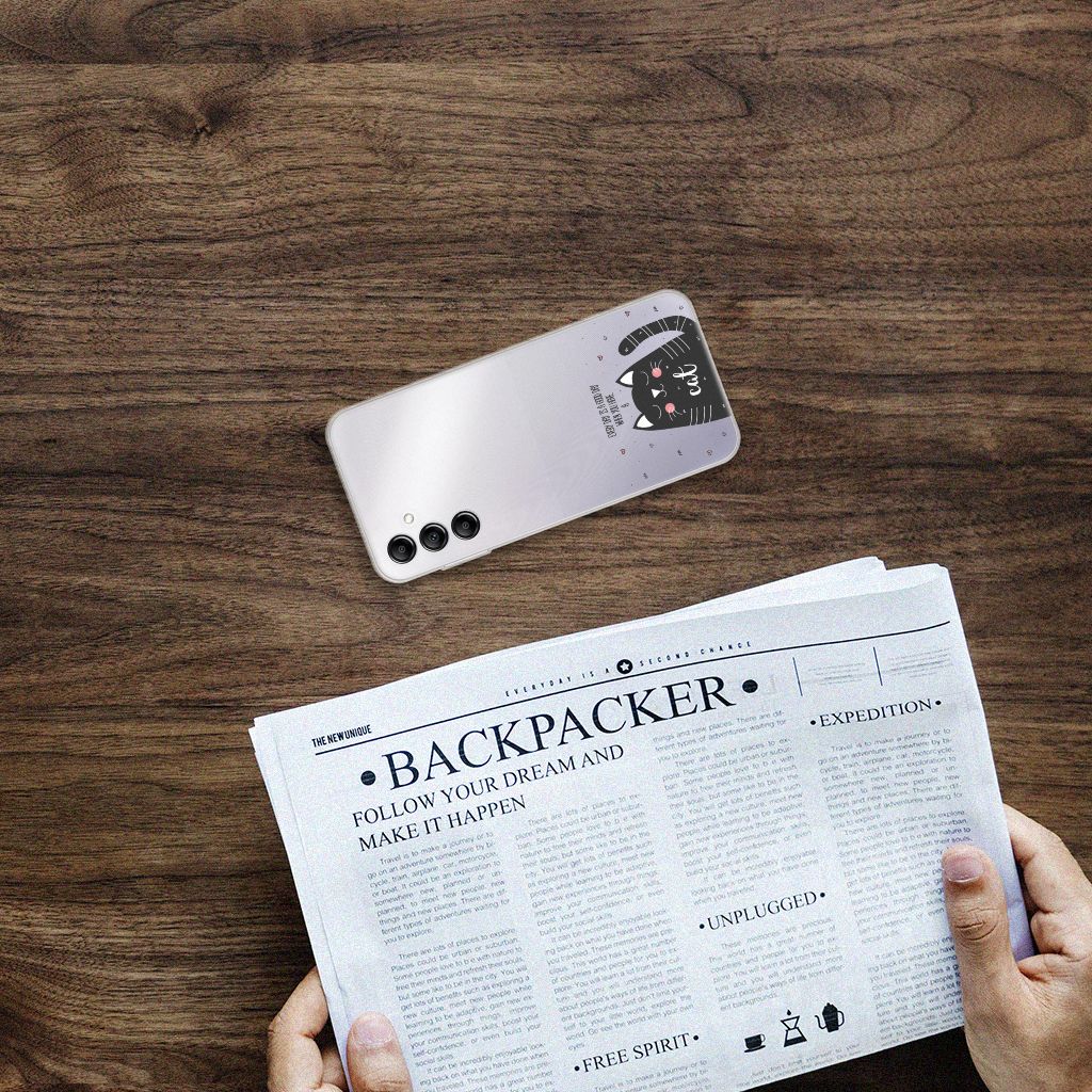 Samsung Galaxy A14 5G Telefoonhoesje met Naam Cat Good Day op een houten tafel met krant