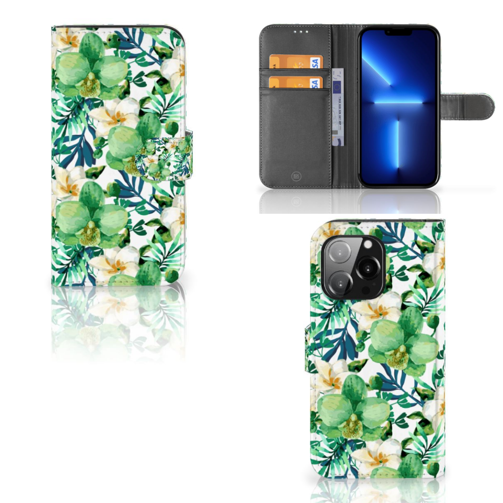 iPhone 13 Pro Hoesje Orchidee Groen met ruimte voor pasjes en tropisch bloemen design 🌺