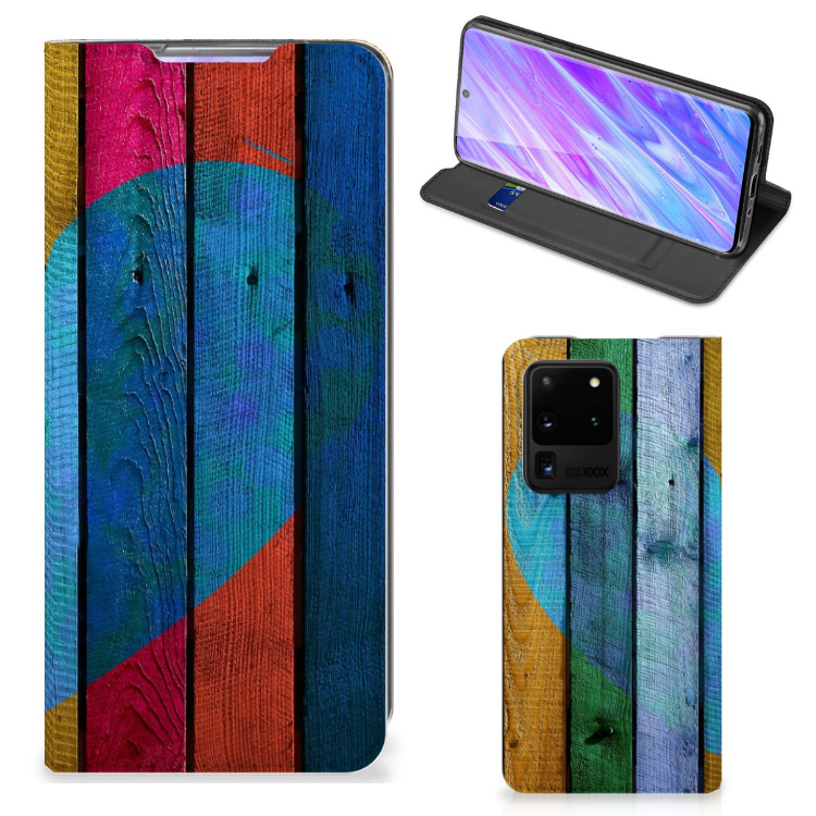 Samsung Galaxy S20 Ultra Book Wallet Case Wood Heart - Cadeau voor je Vriend - B2C Telecom