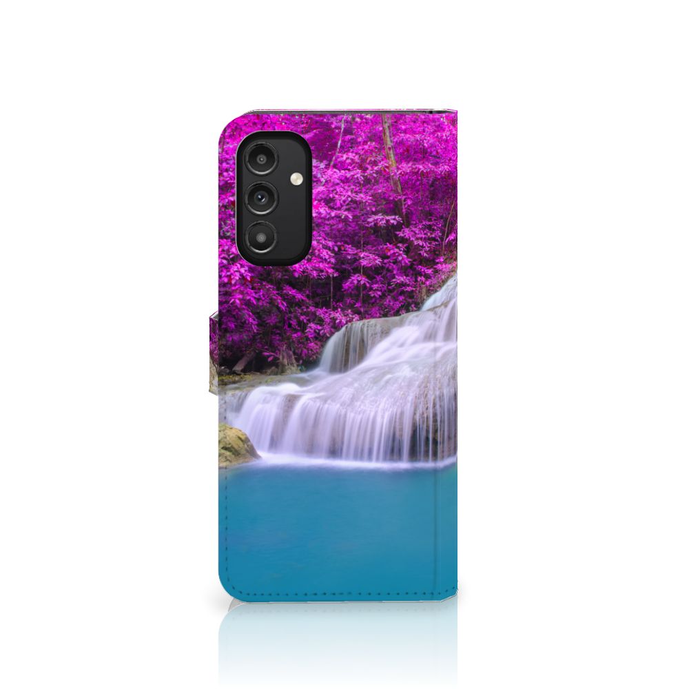 Samsung Galaxy A14 5G Flip Cover Waterval met een serene waterval en paarse bomen op de achtergrond.