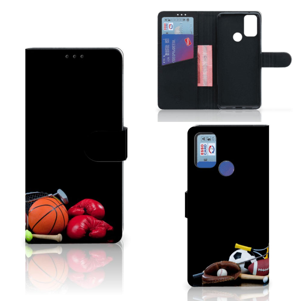 Alcatel 1S (2021) Wallet Case met Pasjes Sports met sportafbeeldingen zoals basketbal en bokshandschoenen.