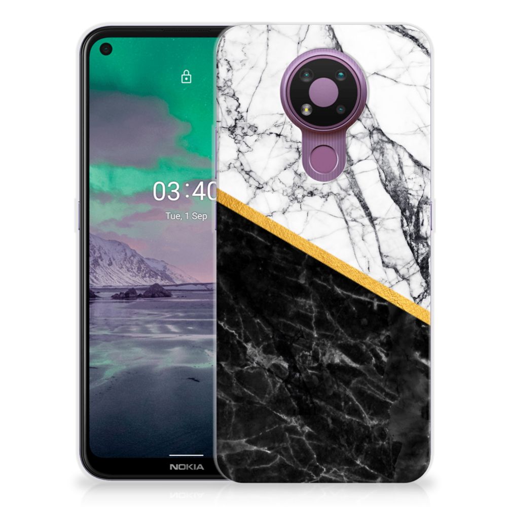 Nokia 3.4 TPU Siliconen Hoesje Marmer Wit Zwart - Origineel Cadeau Man