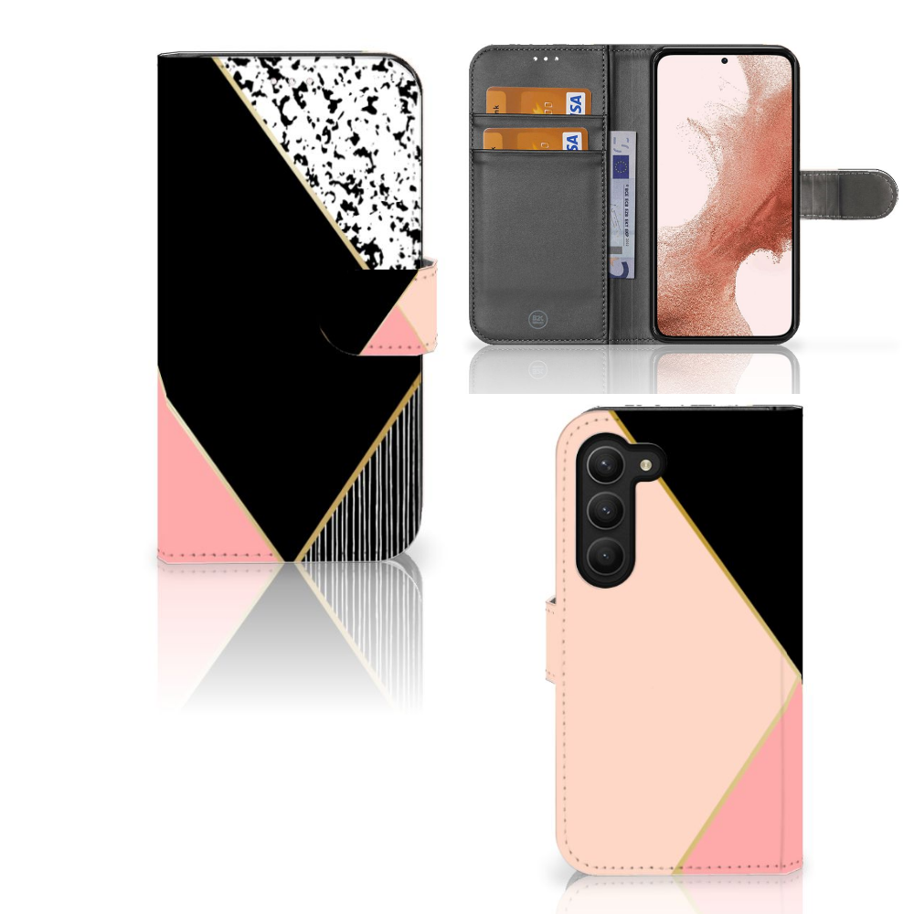 Samsung Galaxy S23 Book Case Zwart Roze Vormen