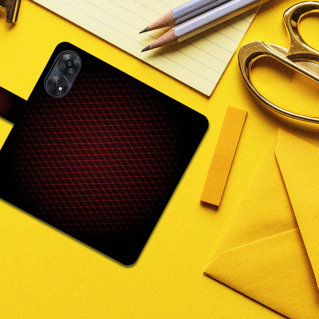 OPPO Reno8 T 4G Telefoon Hoesje Geruit Rood op een geel bureau met kantoorbenodigdheden eromheen.