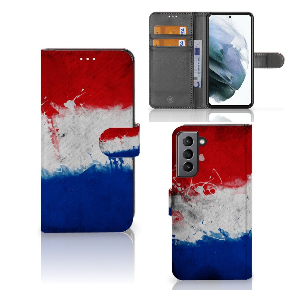Samsung Galaxy S21 FE Bookstyle Case Nederland met artistiek design van de Nederlandse vlag.