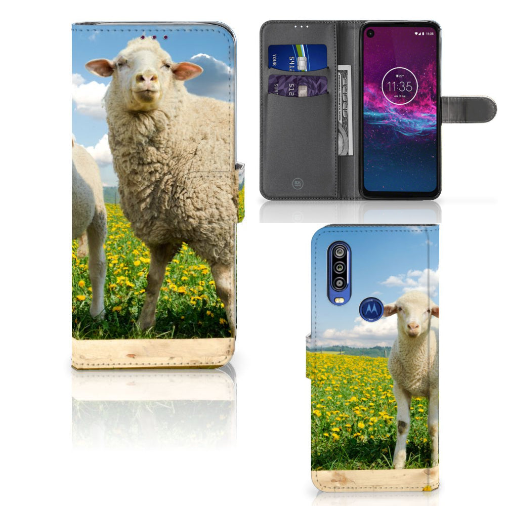 Motorola One Action Telefoonhoesje met Pasjes Schaap en Lammetje