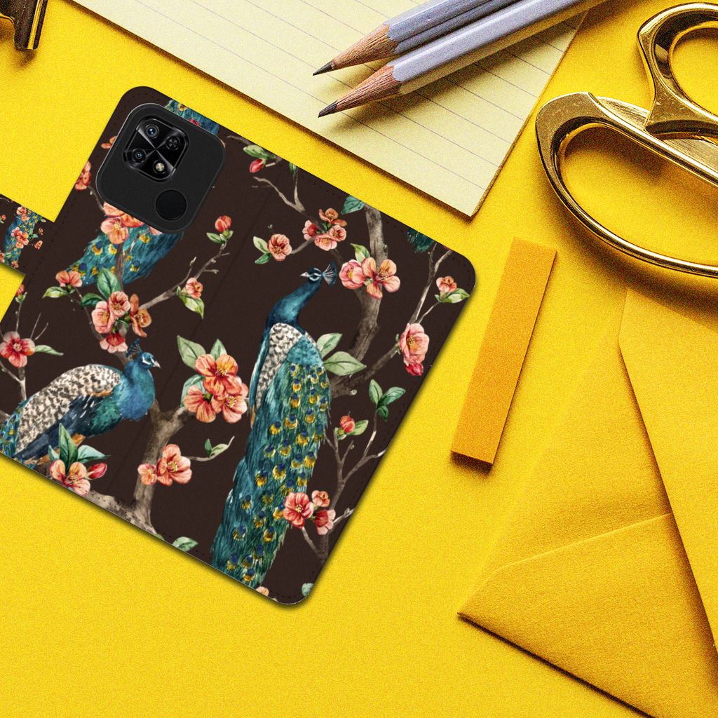 Xiaomi Redmi 10C Telefoonhoesje met Pasjes Pauw met Bloemen