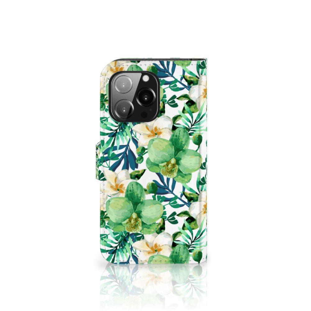 iPhone 13 Pro Hoesje Orchidee Groen met tropische bloemen en groene bladeren 🌿