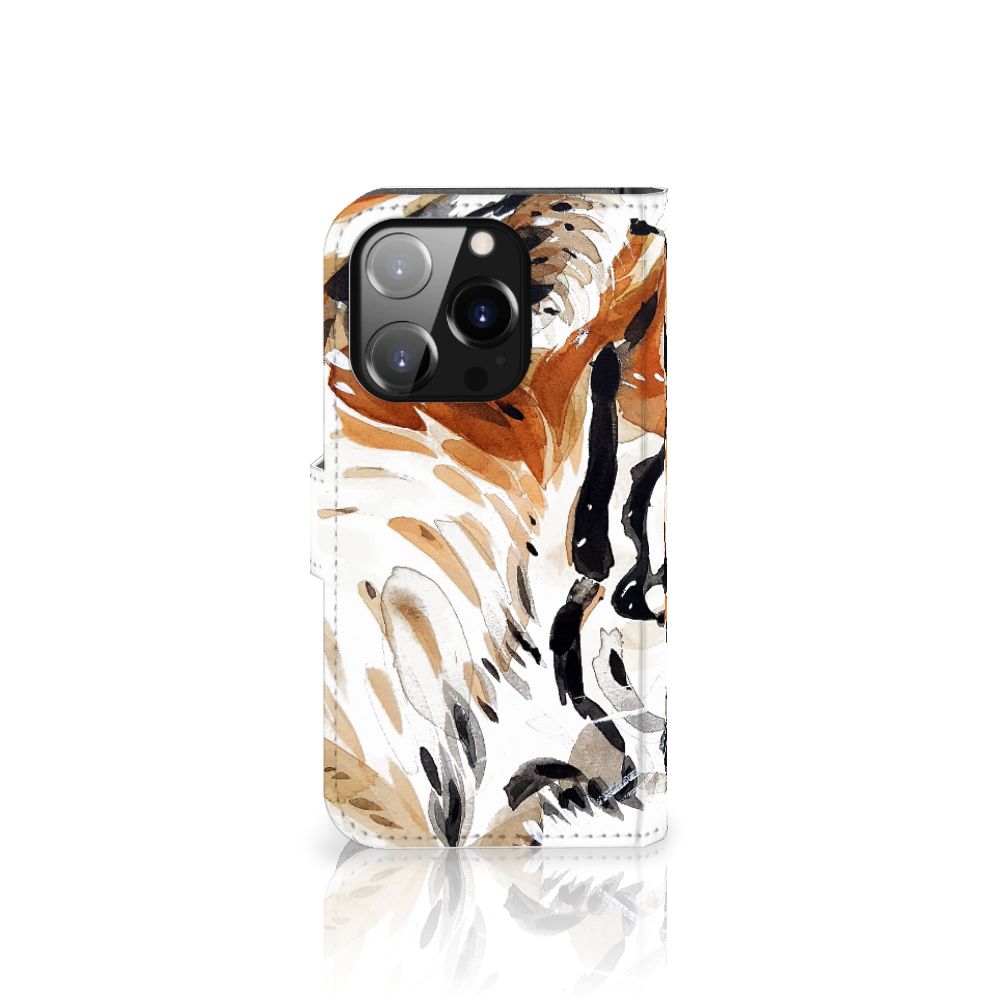 Hoesje iPhone 14 Pro Watercolor Tiger met abstracte tijgerkunst en magnetische sluiting.