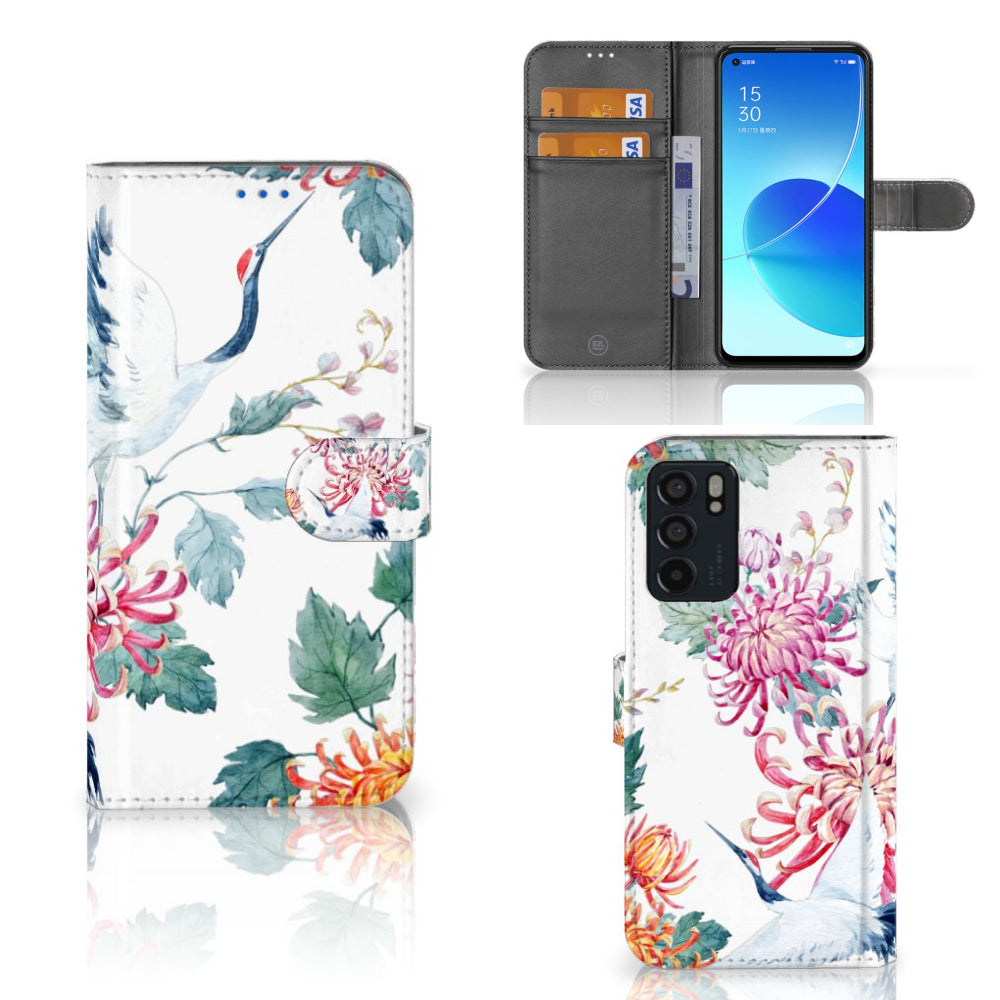 OPPO Reno6 5G Telefoonhoesje met Pasjes Bird Flowers