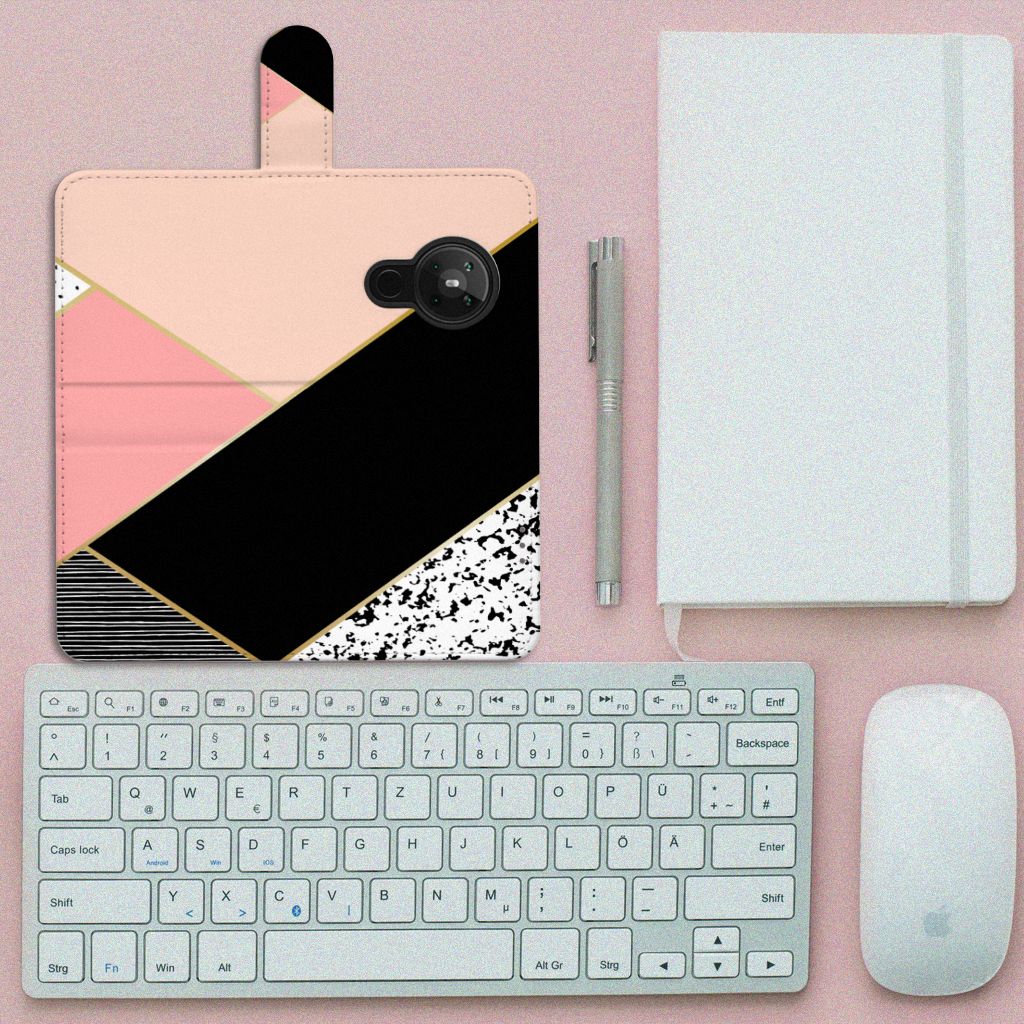 Nokia 5.3 Book Case Zwart Roze Vormen