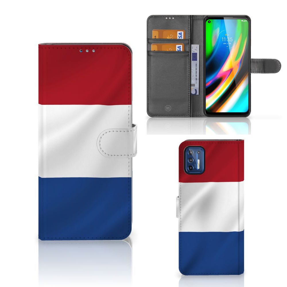 Motorola Moto G9 Plus Bookstyle Case Nederlandse Vlag met pasjes en artistiek ontwerp van de Nederlandse vlag