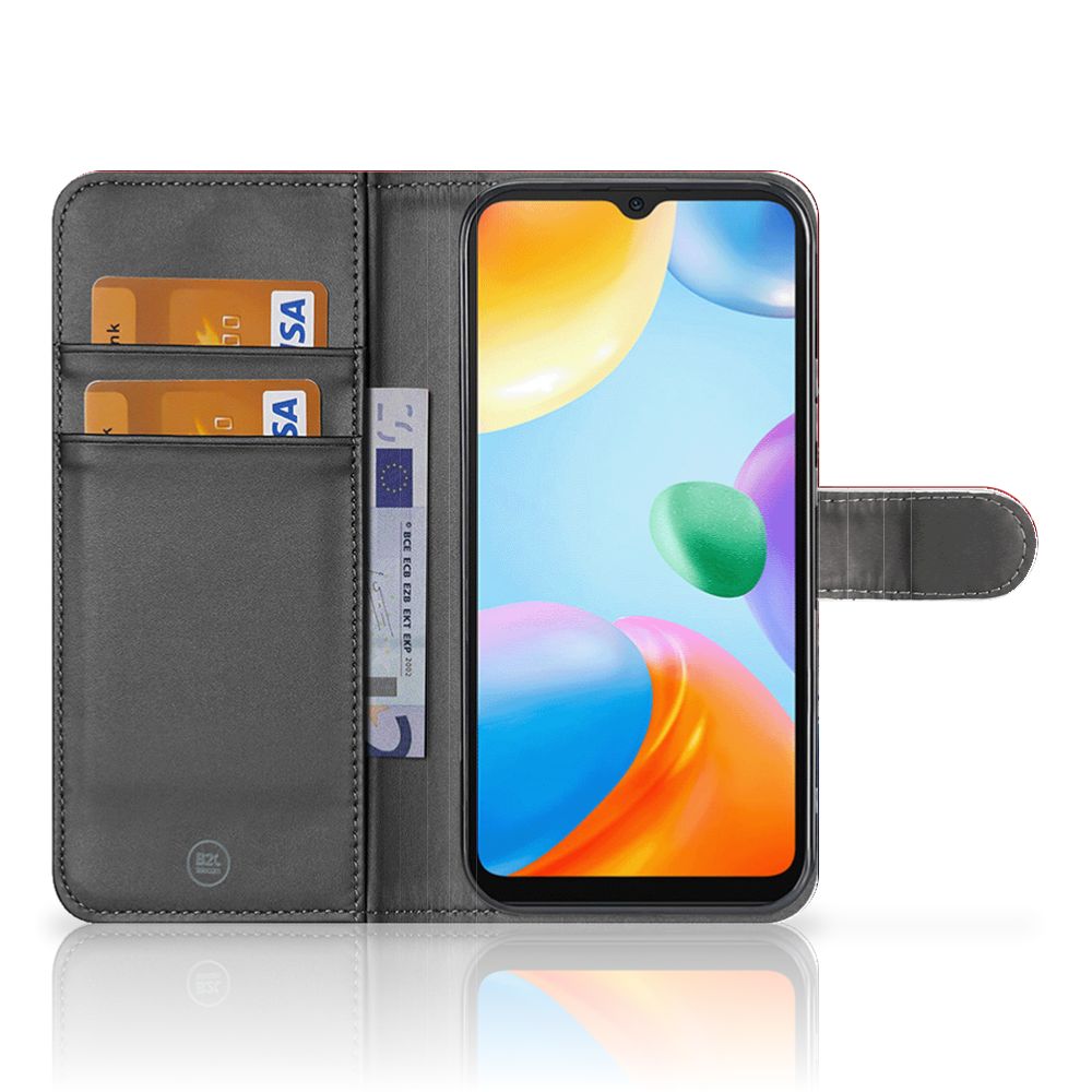 Xiaomi Redmi 10C Bookstyle Case Nederland met pasjes en artistiek design in zwart.