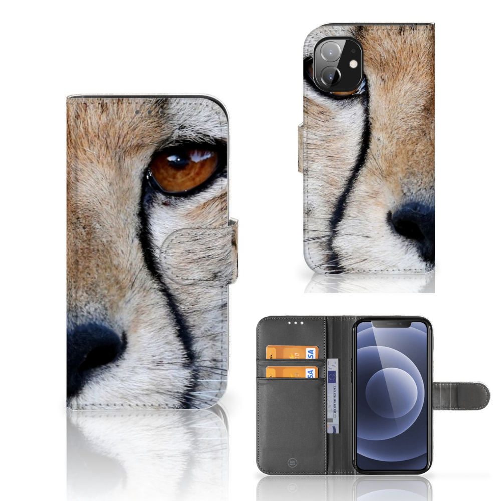 Apple iPhone 12 Mini Telefoonhoesje met Pasjes Cheetah in close-up afbeelding met pasjeshouder.