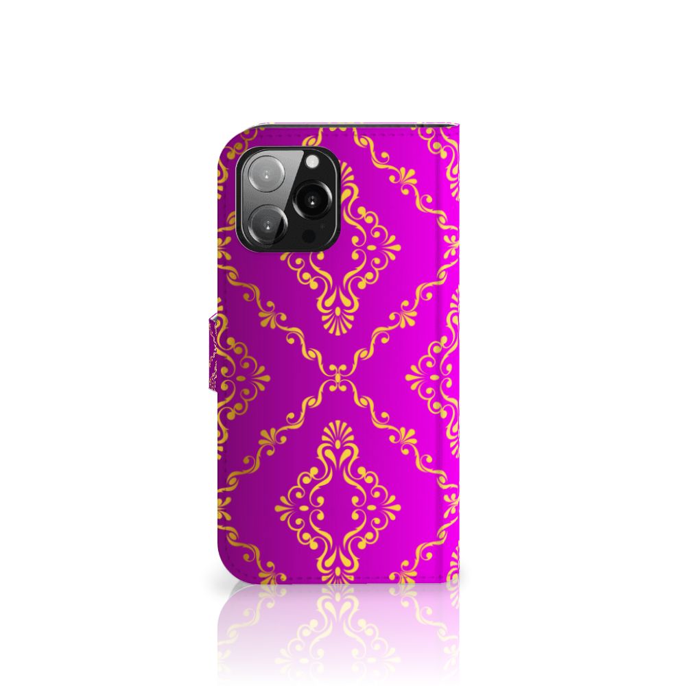 Wallet Case iPhone 13 Pro Max Barok Roze met elegant barok patroon in roze en goud ✨.
