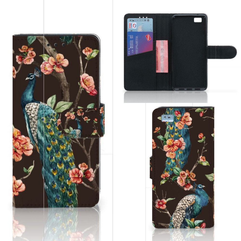 Huawei Ascend P8 Lite Telefoonhoesje met Pasjes Pauw met Bloemen