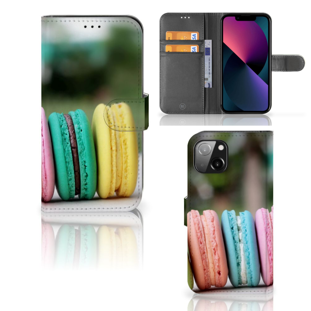 Apple iPhone 13 Book Cover Macarons met kleurrijke macarons in een stijlvolle case.