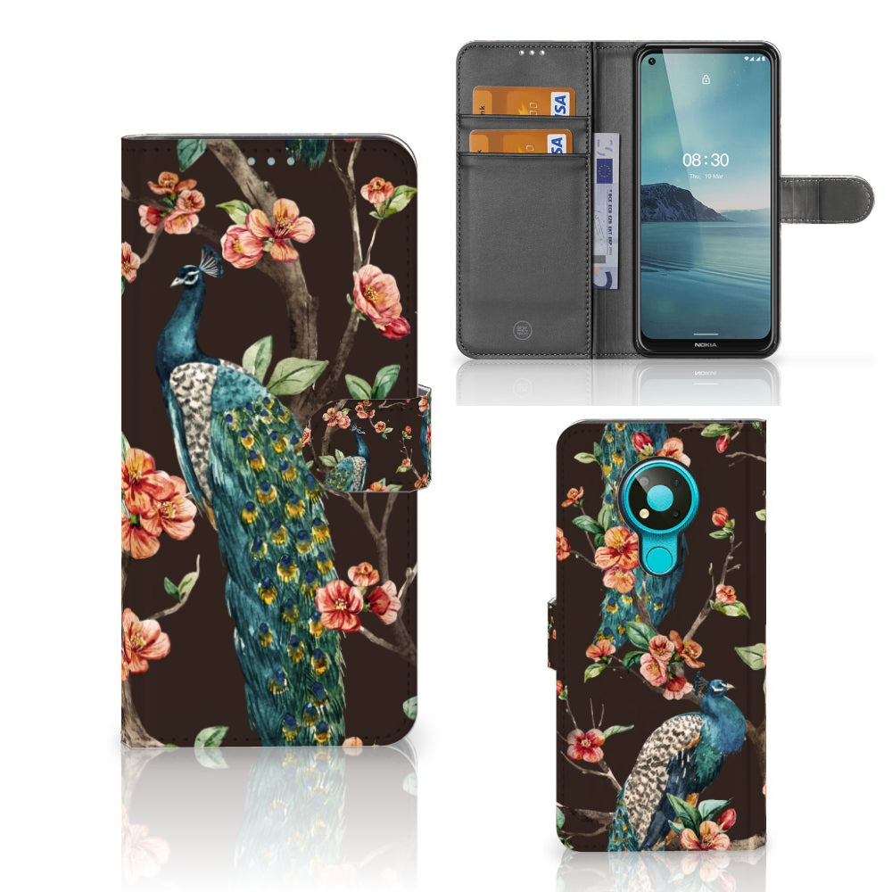 Nokia 3.4 Telefoonhoesje met Pasjes Pauw met Bloemen