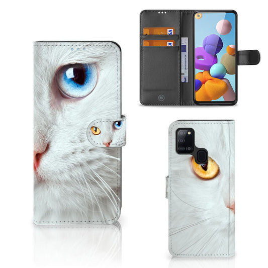 Samsung Galaxy A21s Telefoonhoesje met Pasjes Witte Kat