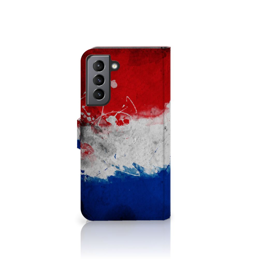 Samsung Galaxy S21 FE Bookstyle Case Nederland met artistiek ontwerp van de Nederlandse vlag