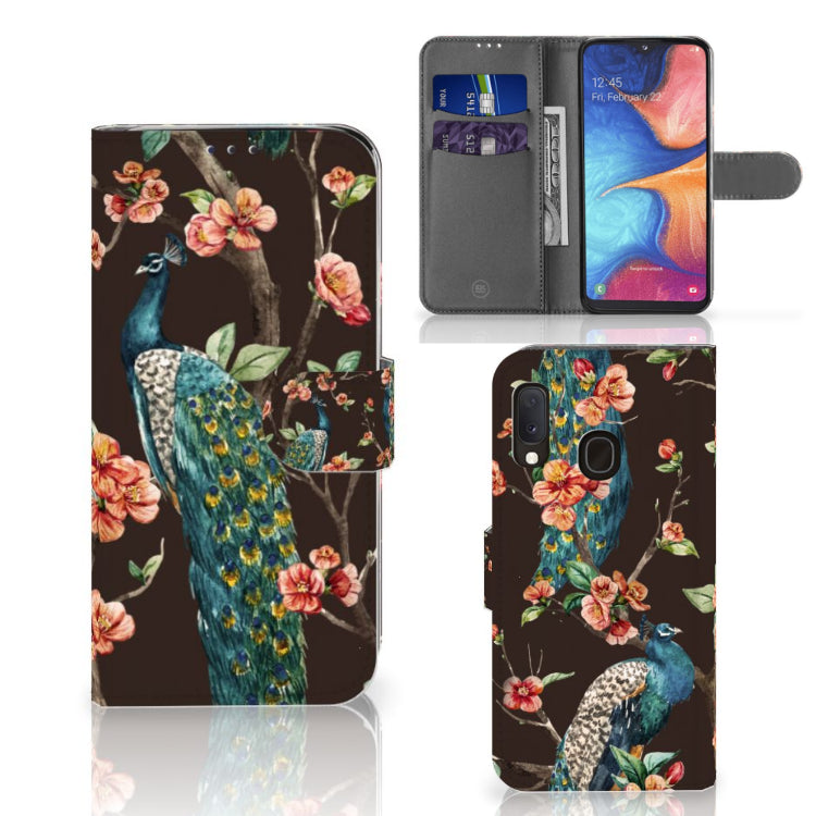 Samsung Galaxy A20e Telefoonhoesje met Pasjes Pauw met Bloemen