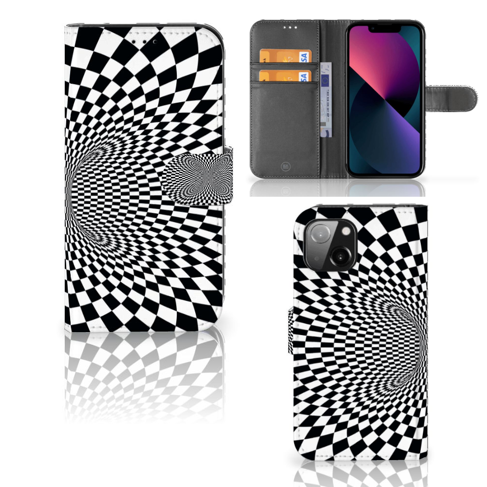 Apple iPhone 13 Book Case Illusie met zwart-wit design, unieke optische illusie voor een opvallende uitstraling.