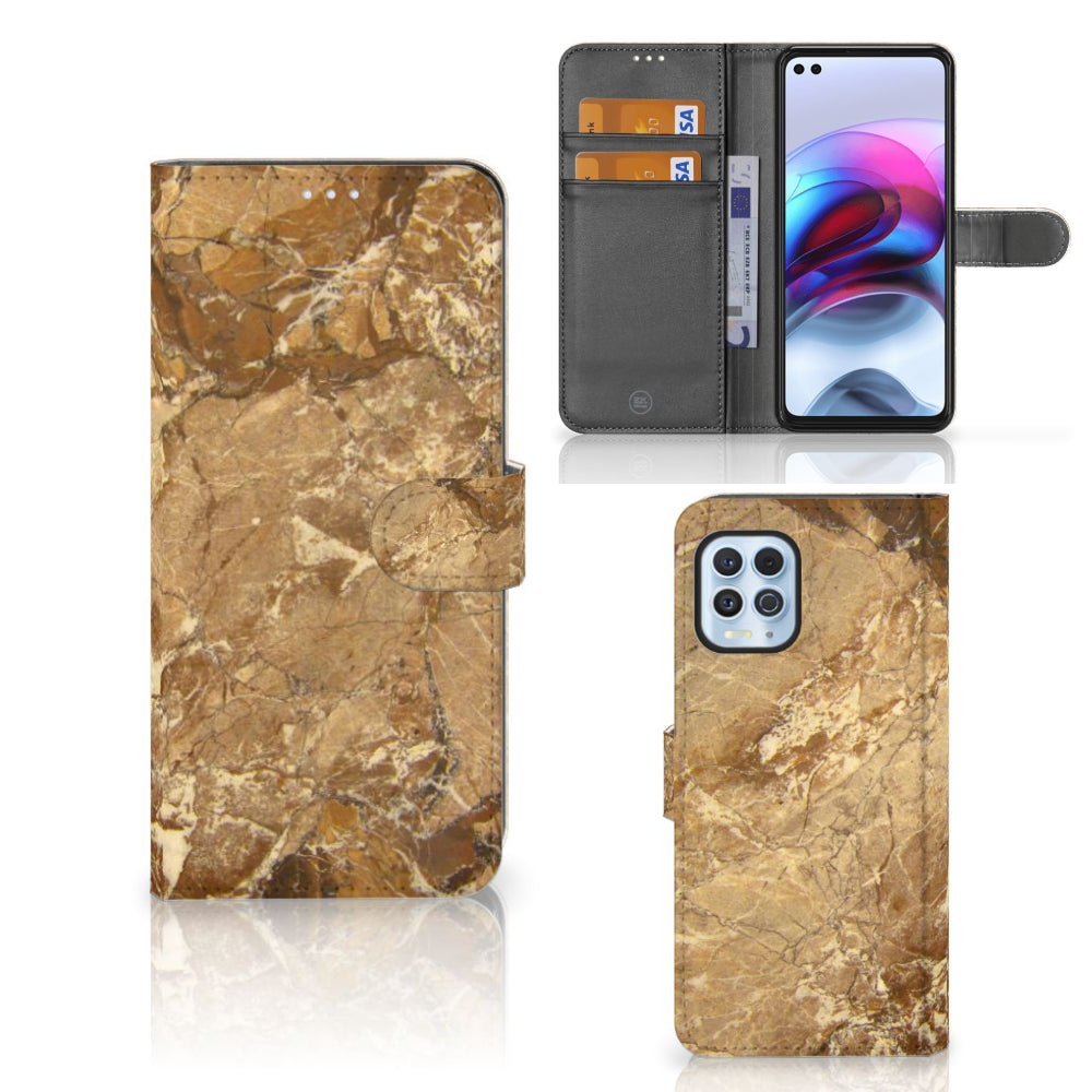 Motorola Moto G100 Bookcase Marmer Creme met luxe marmerdesign, pasjeshouder en stevige bescherming voor de telefoon.