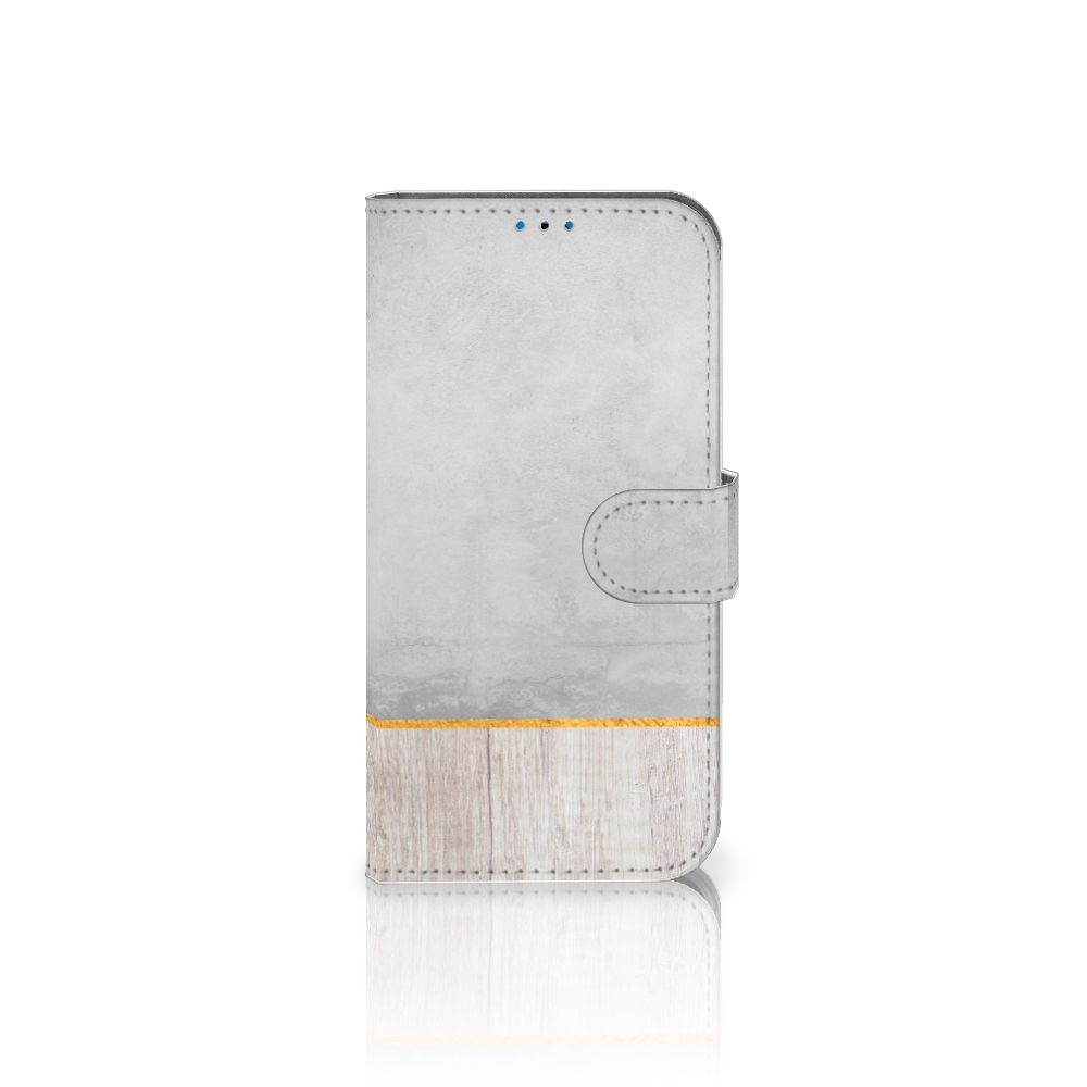 iPhone 14 Pro Book Style Case Wood Concrete met een sterke betonlook en houtaccent. 🪵