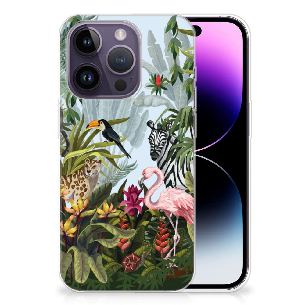 TPU Hoesje voor Apple iPhone 14 Pro Jungle met tropische dieren zoals een toekan, zebra en flamingo 🌴.