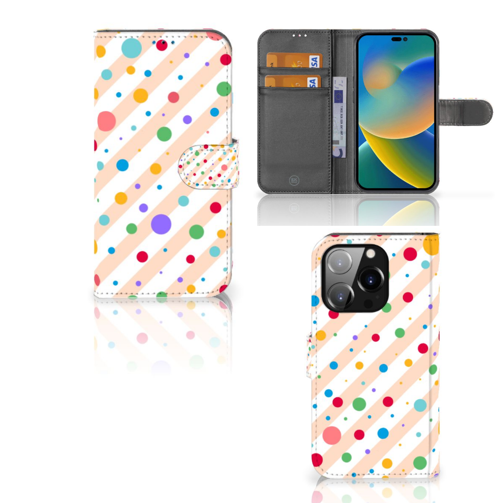 iPhone 14 Pro Telefoon Hoesje Dots met kleurrijke stippen en gestreept design, perfect voor bescherming en stijl.