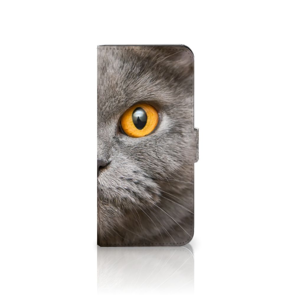 Telefoonhoesje met Pasjes OPPO Reno10 | 10 Pro Britse Korthaar met een close-up van een grijze kat met gele ogen.