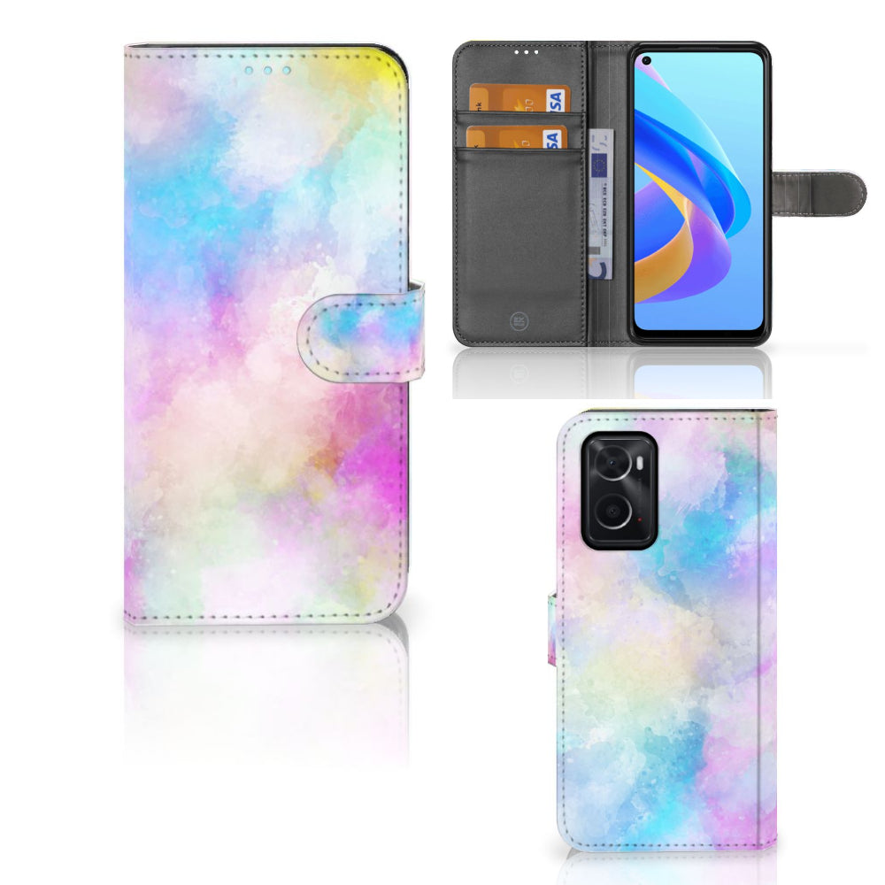 Hoesje OPPO A76 | A96 Watercolor Light met pasjeshouder en kleurrijk watercolor ontwerp.