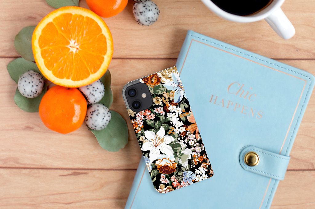 Smart Cover voor iPhone 12 Mini Dark Flowers - B2C Telecom